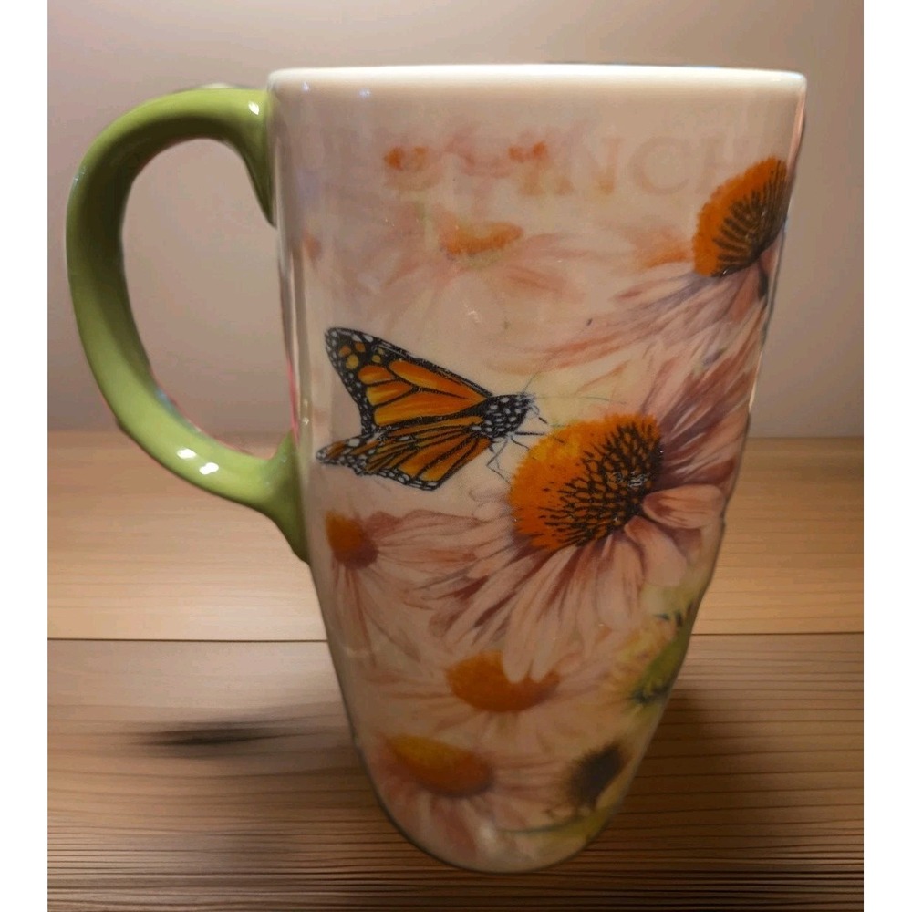 Cypress Home Tall Ceramic Travel Mug 16 Oz  Daisies Butterfies Gift for Her